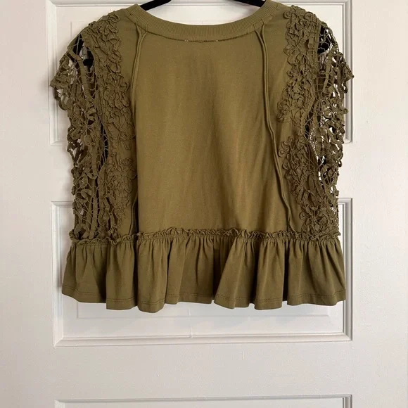 Anthropologie Lace Sleeve Ruffle Hem Crop Top Moss Green Medium - Picture 6 of 9